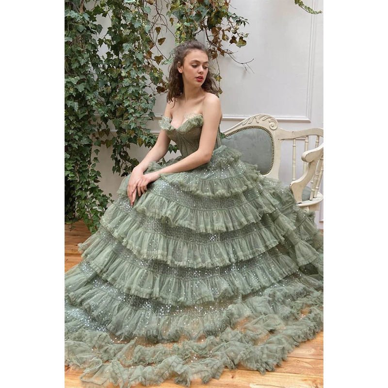 NumberSea - A - line Sweetheart Tulle Tiered Long Senior Formal Evening Gowns Prom Dress