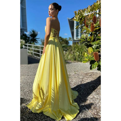 NumberSea - A - line Sweetheart Yellow Long Simple Prom Dress with Pockets