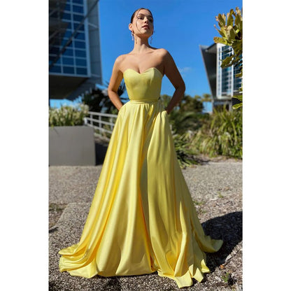 NumberSea - A - line Sweetheart Yellow Long Simple Prom Dress with Pockets