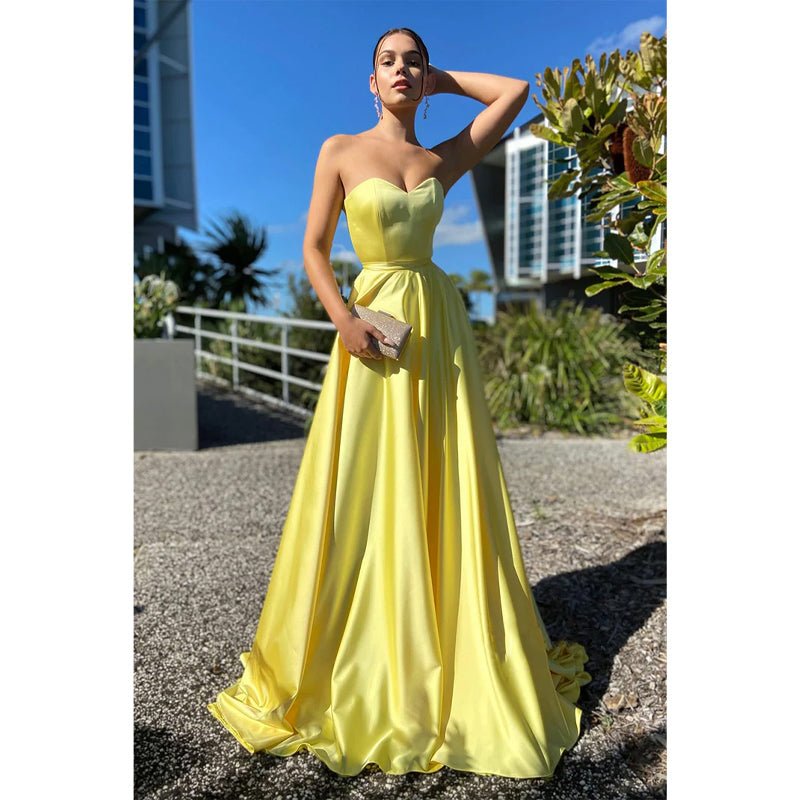 NumberSea - A - line Sweetheart Yellow Long Simple Prom Dress with Pockets