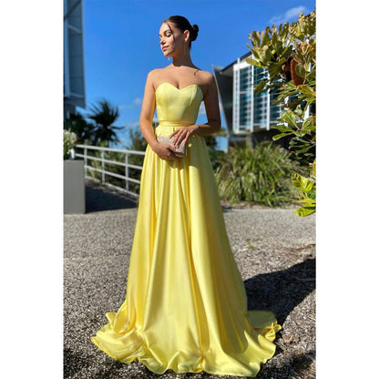 NumberSea - A - line Sweetheart Yellow Long Simple Prom Dress with Pockets