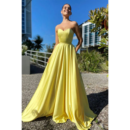 NumberSea - A - line Sweetheart Yellow Long Simple Prom Dress with Pockets