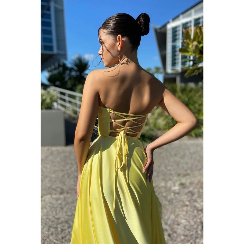 NumberSea - A - line Sweetheart Yellow Long Simple Prom Dress with Pockets