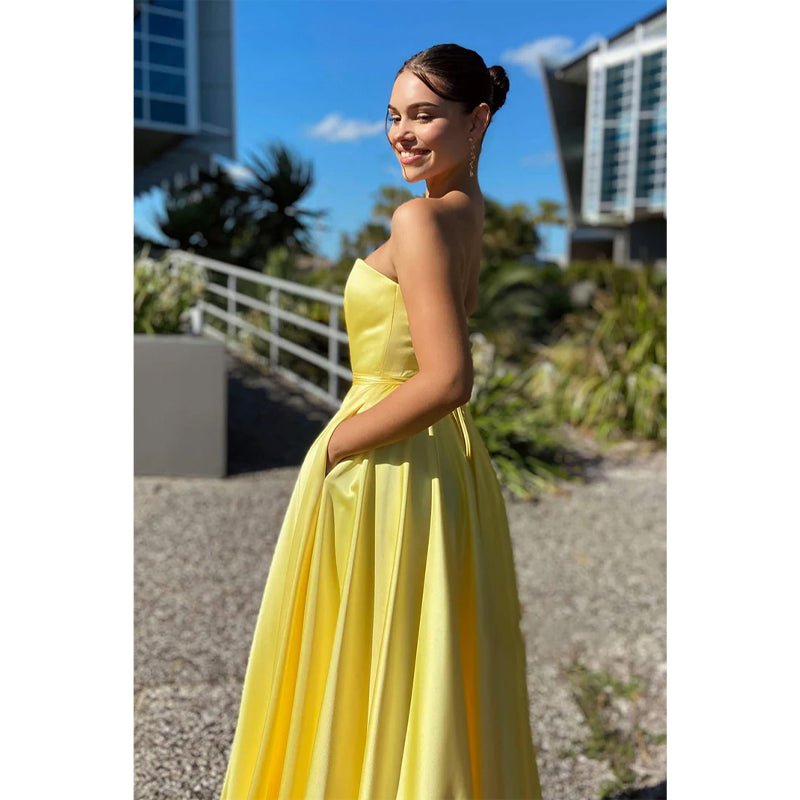 NumberSea - A - line Sweetheart Yellow Long Simple Prom Dress with Pockets