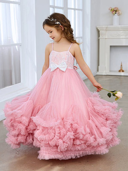 NumberSea - A - line Tulle Floor - length Pink Flower Girl Dress