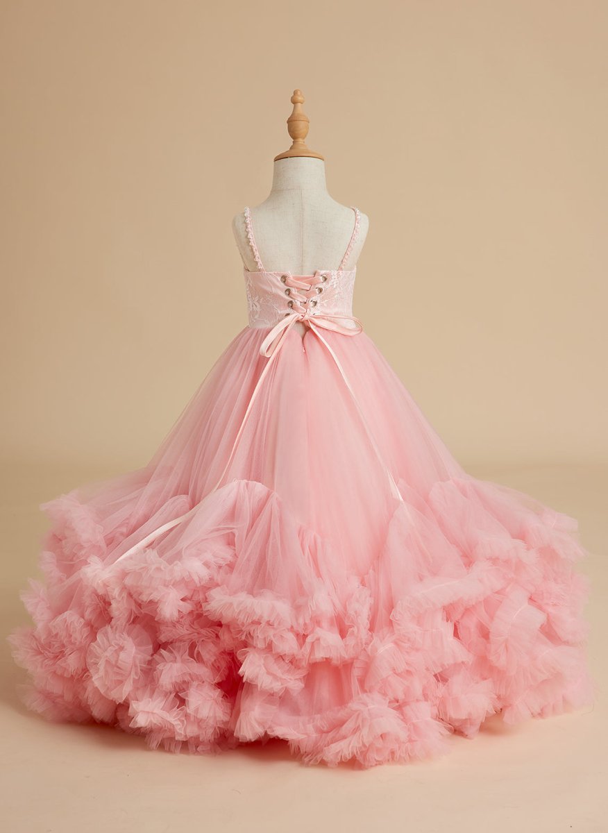 NumberSea - A - line Tulle Floor - length Pink Flower Girl Dress