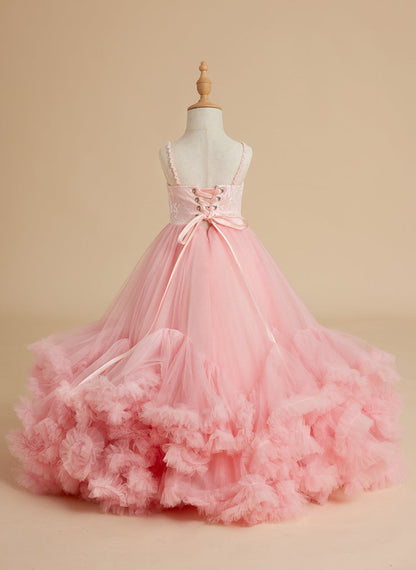 NumberSea - A - line Tulle Floor - length Pink Flower Girl Dress