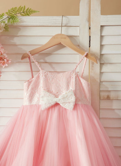 NumberSea - A - line Tulle Floor - length Pink Flower Girl Dress