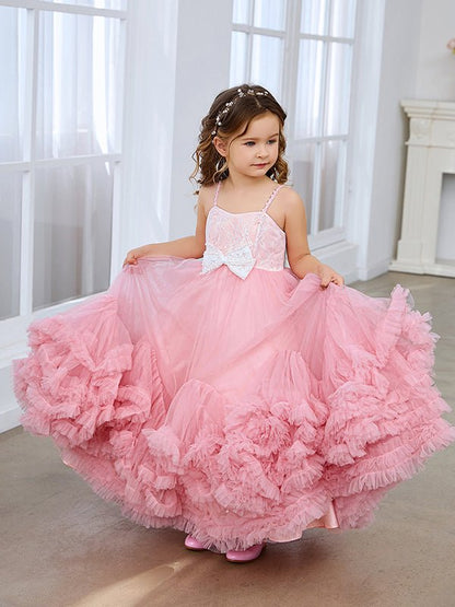 NumberSea - A - line Tulle Floor - length Pink Flower Girl Dress