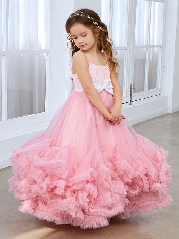 NumberSea - A - line Tulle Floor - length Pink Flower Girl Dress