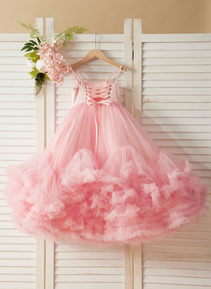 NumberSea - A - line Tulle Floor - length Pink Flower Girl Dress