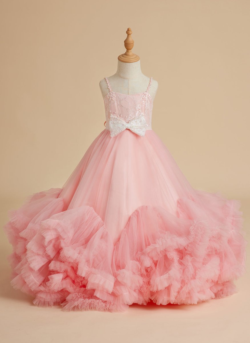 NumberSea - A - line Tulle Floor - length Pink Flower Girl Dress