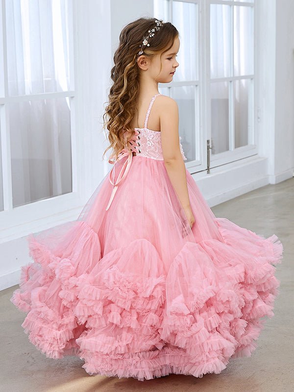 NumberSea - A - line Tulle Floor - length Pink Flower Girl Dress