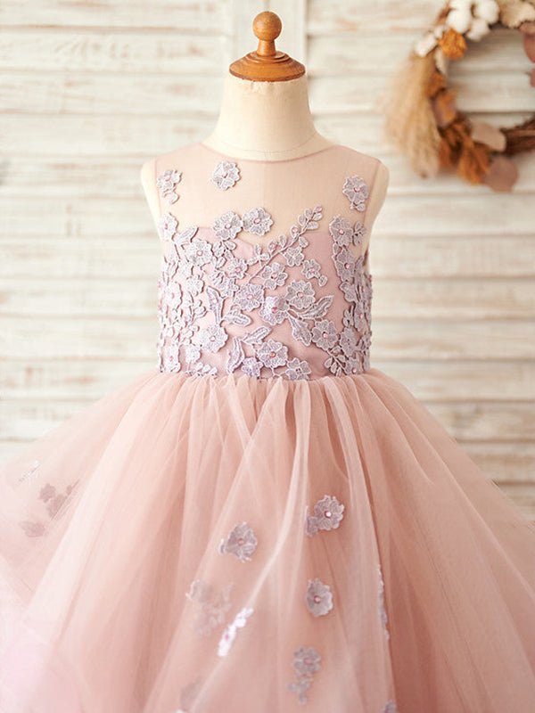 NumberSea - A - line Tulle Floor - length Pink Flower Girl Dress