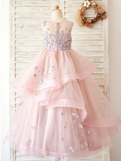 NumberSea - A - line Tulle Floor - length Pink Flower Girl Dress