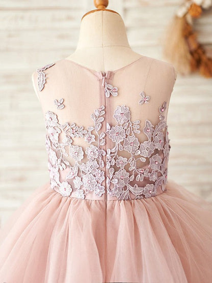 NumberSea - A - line Tulle Floor - length Pink Flower Girl Dress