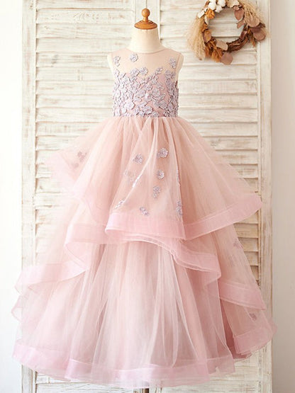 NumberSea - A - line Tulle Floor - length Pink Flower Girl Dress