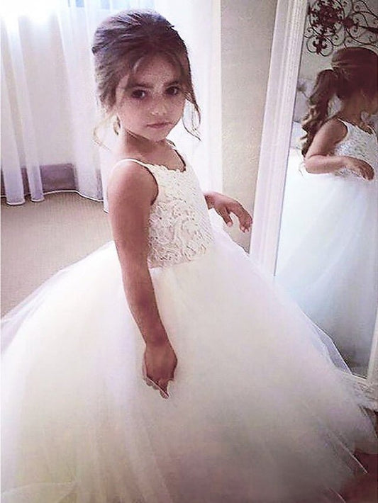 NumberSea - A - Line Tulle Jewel Neck Wedding First Communion Pageant Flower Girl Dresses