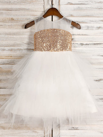 NumberSea - A - Line Tulle Sequined Jewel Neck Wedding First Communion Pageant Flower Girl Dresses