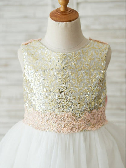 NumberSea - A - Line Tulle Sequined Sleeveless Jewel Neck Wedding Birthday Pageant Flower Girl Dresses