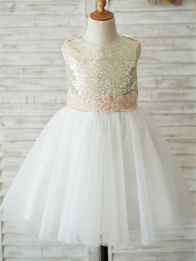 NumberSea - A - Line Tulle Sequined Sleeveless Jewel Neck Wedding Birthday Pageant Flower Girl Dresses