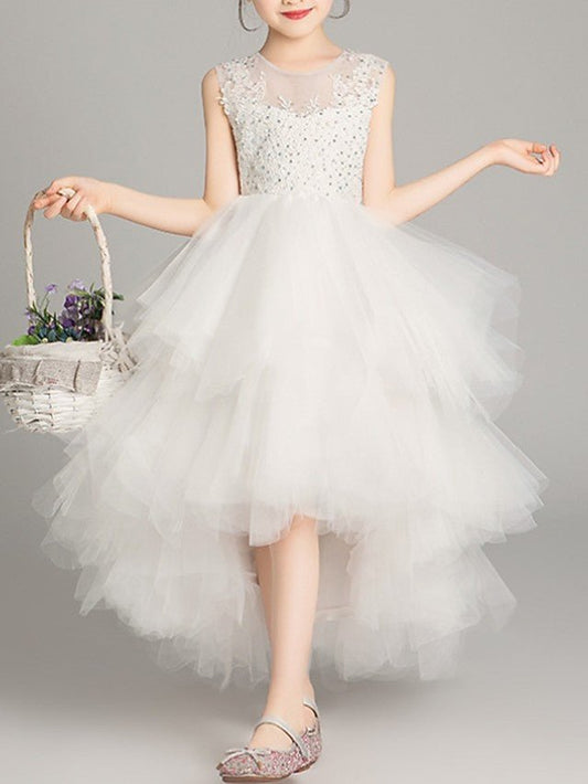 NumberSea - A - Line Tulle Sleeveless Jewel Neck Asymmetrical Pageant Flower Girl Dresses