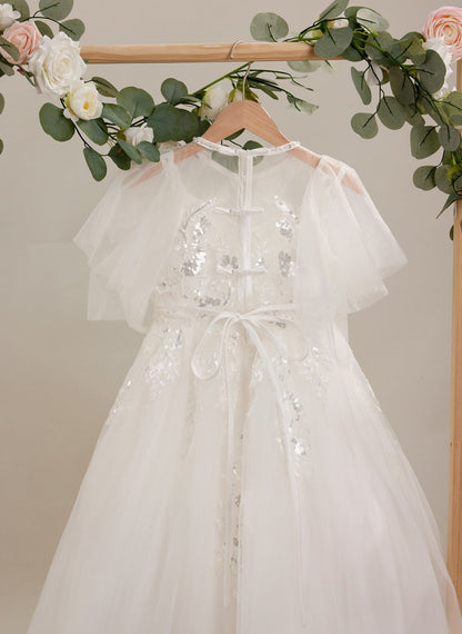 NumberSea - A - line Tulle Sweep Train Ivory First Communion Flower Girl Dress