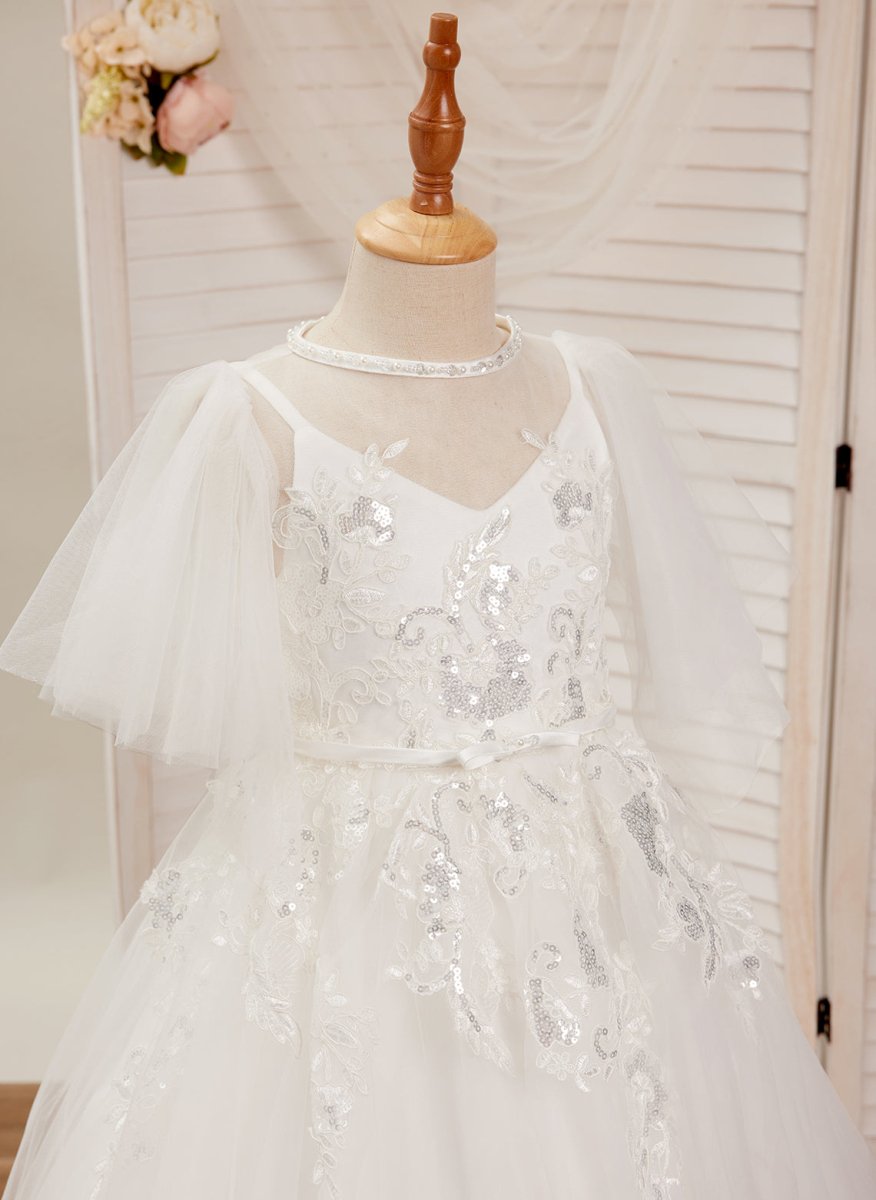 NumberSea - A - line Tulle Sweep Train Ivory First Communion Flower Girl Dress