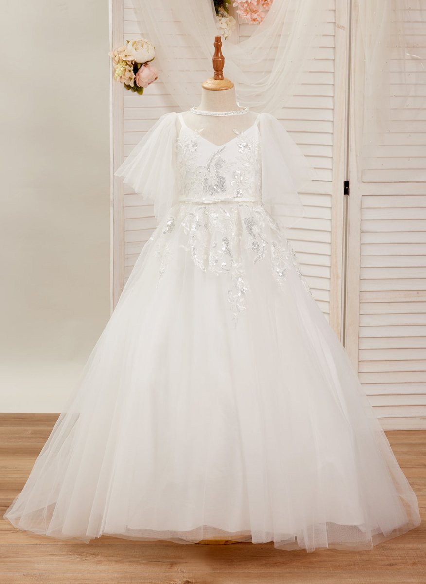 NumberSea - A - line Tulle Sweep Train Ivory First Communion Flower Girl Dress