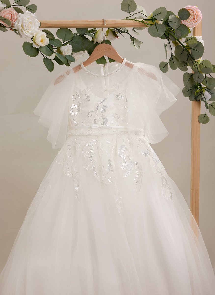 NumberSea - A - line Tulle Sweep Train Ivory First Communion Flower Girl Dress