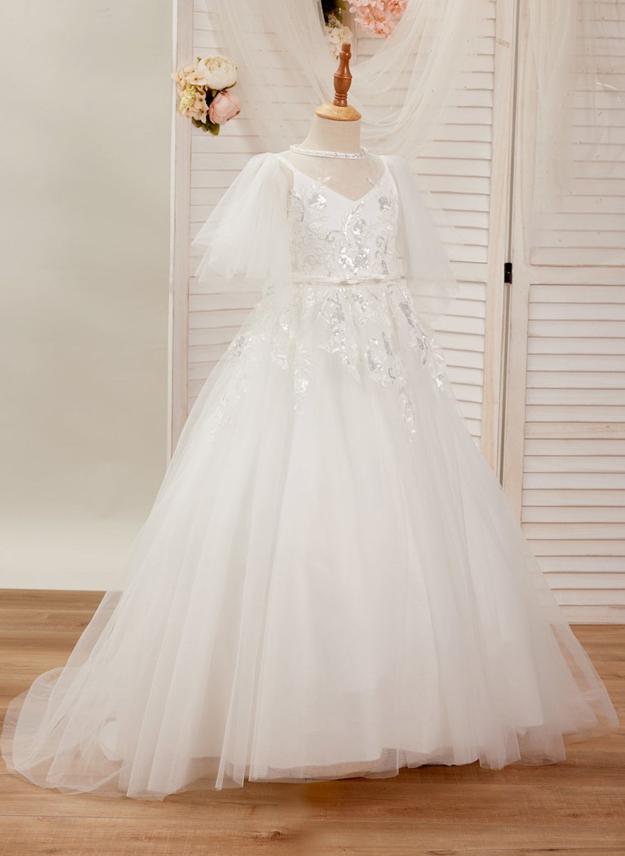 NumberSea - A - line Tulle Sweep Train Ivory First Communion Flower Girl Dress