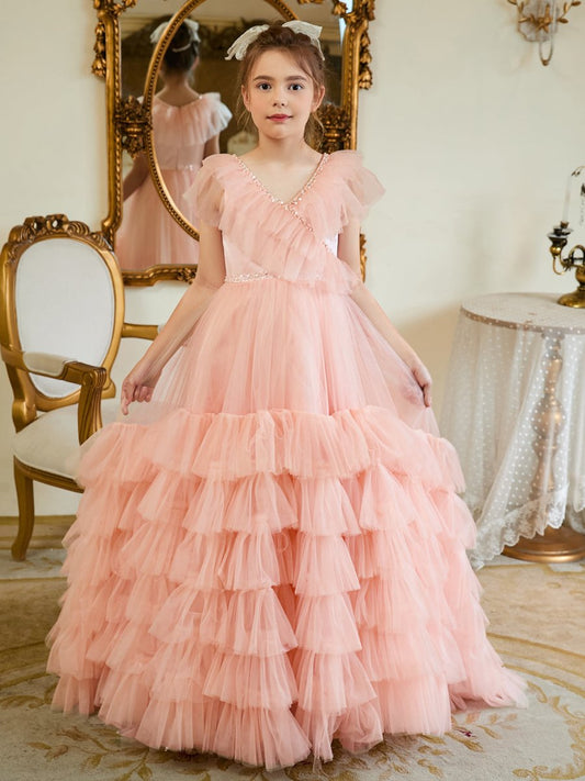 NumberSea - A - line Tulle Sweep Train Pearl Pink Dress (2003225563)