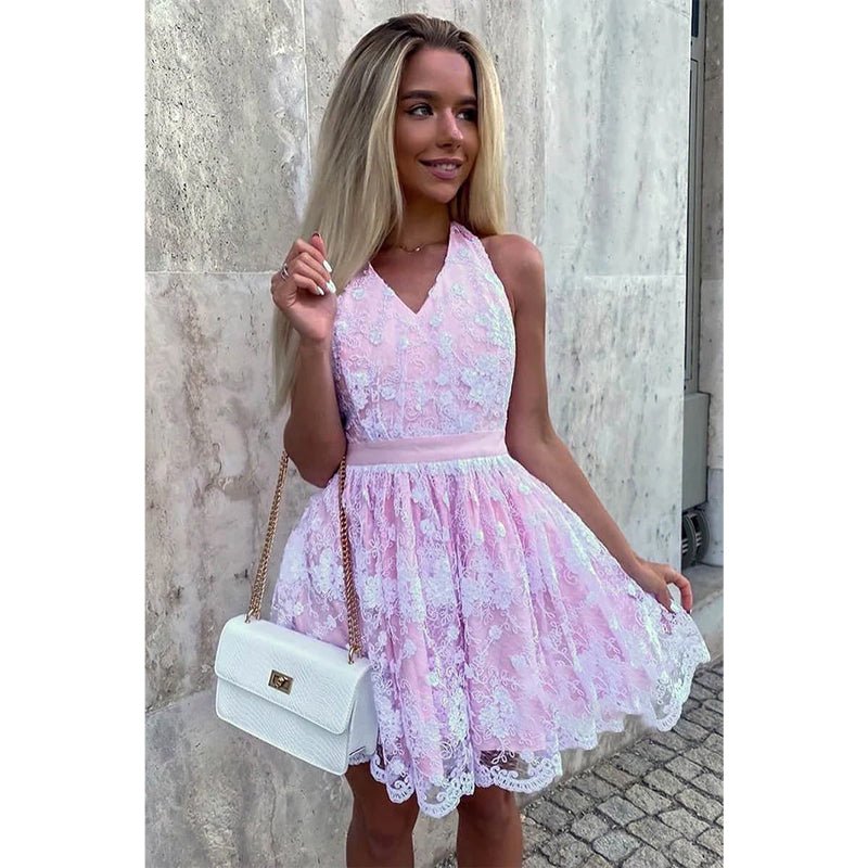 NumberSea - A - line Unique Halter Pink Lace Cute Homecoming Dress