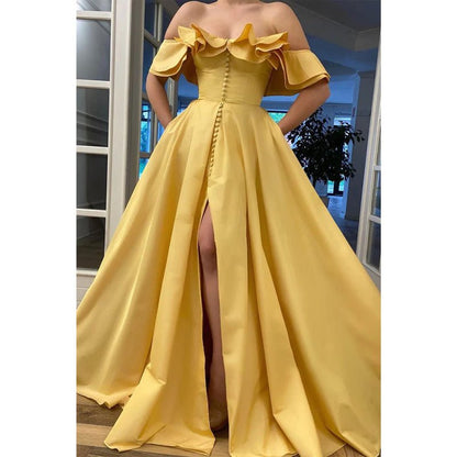 NumberSea - A - line Unique Off - the - shoulder Yellow Satin High Split Long Prom Dress with Pockets