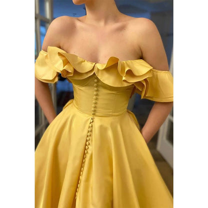 NumberSea - A - line Unique Off - the - shoulder Yellow Satin High Split Long Prom Dress with Pockets