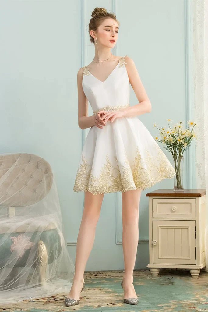 NumberSea - A - Line V - Neck Appliques Short White Satin Homecoming Dress