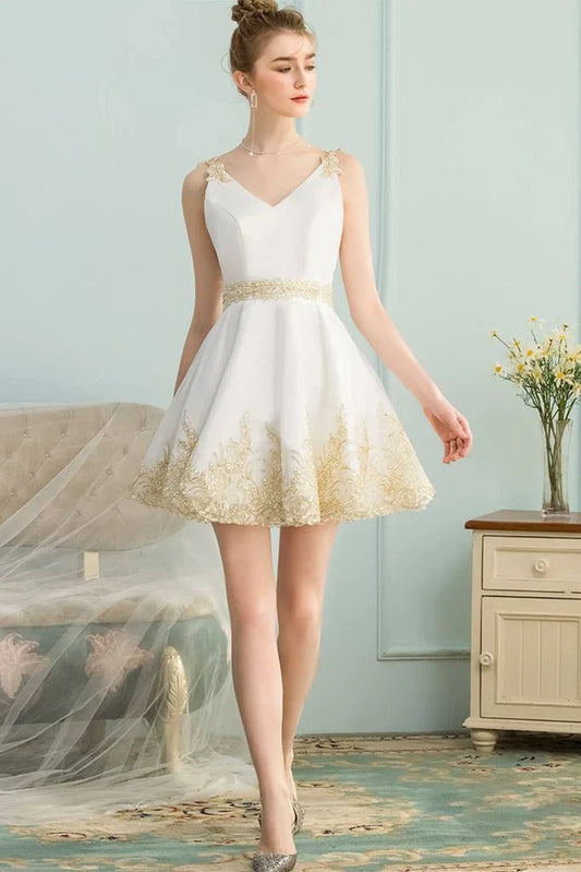 NumberSea - A - Line V - Neck Appliques Short White Satin Homecoming Dress