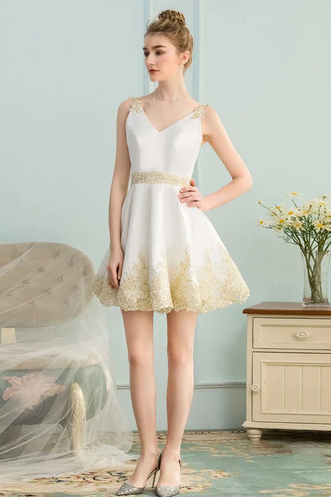 NumberSea - A - Line V - Neck Appliques Short White Satin Homecoming Dress