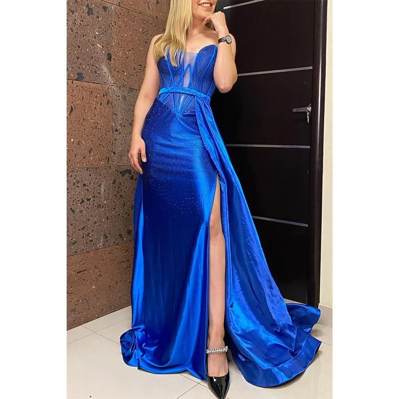 NumberSea - A - line V - neck Beaded with Side Slit Train Party Prom Evening Dress