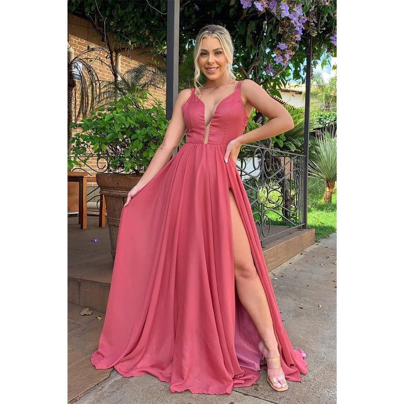 NumberSea - A - line V - neck Chiffon Bridesmaid Dress for Wedding Long Formal Prom Evening Dress