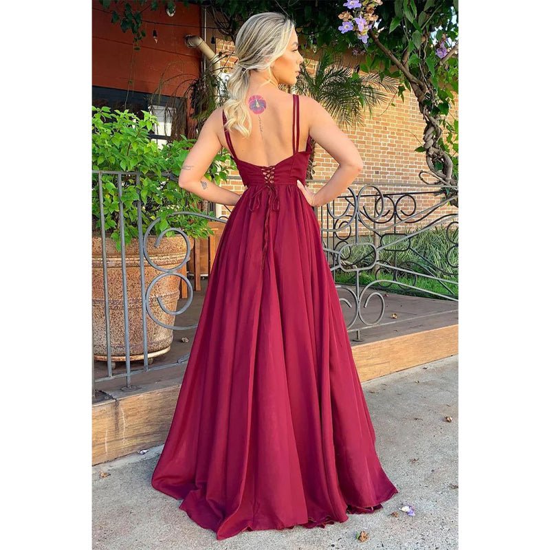 NumberSea - A - line V - neck Chiffon Bridesmaid Dress for Wedding Long Formal Prom Evening Dress