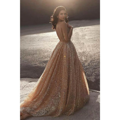 NumberSea - A - line V - neck Gold Sequins Sparkle Prom Dress Formal Evening Gowns