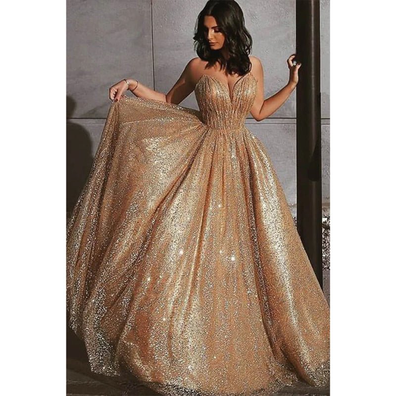 NumberSea - A - line V - neck Gold Sequins Sparkle Prom Dress Formal Evening Gowns