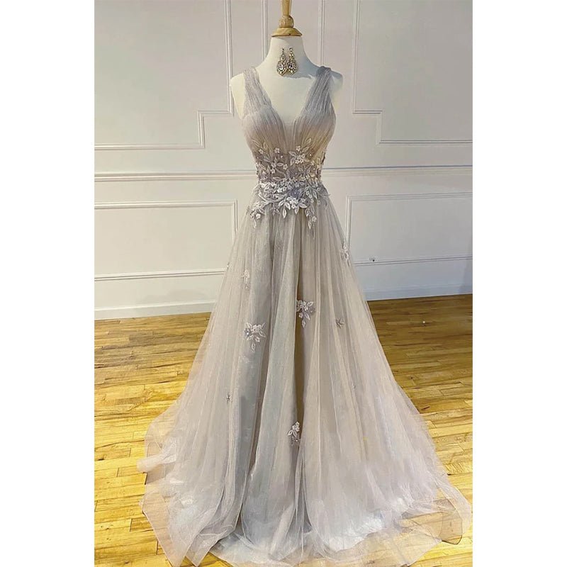 NumberSea - A - line V - neck Grey Tulle Appliques Long Prom Dress