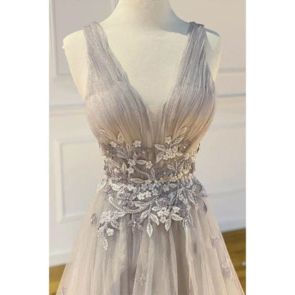 NumberSea - A - line V - neck Grey Tulle Appliques Long Prom Dress