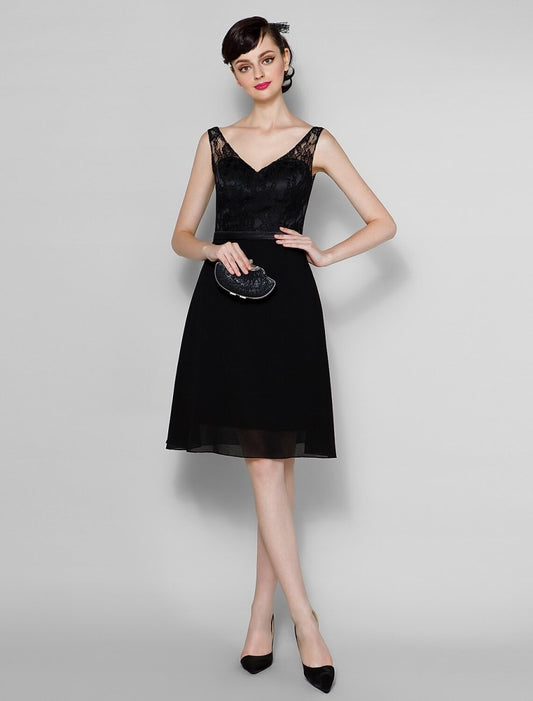 NumberSea - A - Line V Neck Knee Length Chiffon / Sheer Lace Bridesmaid Dress with Lace