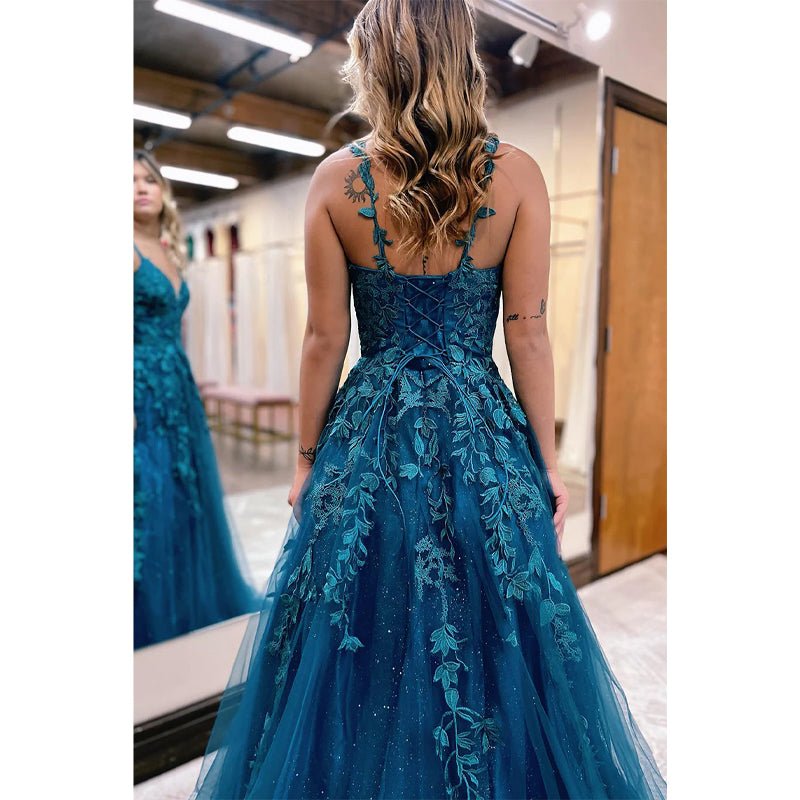 NumberSea - A Line V - neck Lace Appliques Long Prom Dress