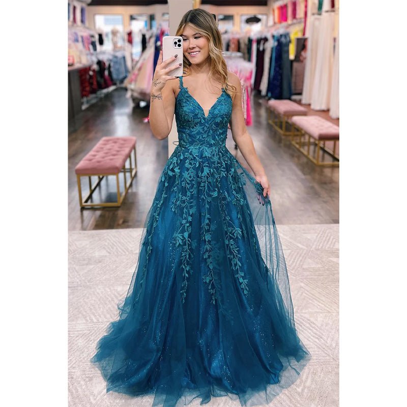 NumberSea - A Line V - neck Lace Appliques Long Prom Dress