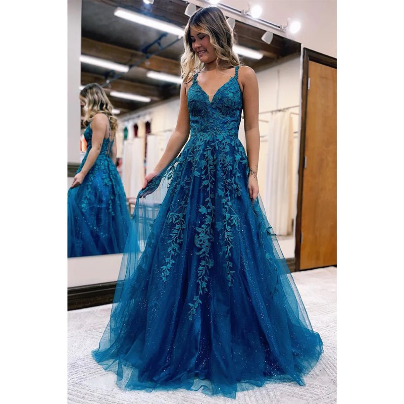 NumberSea - A Line V - neck Lace Appliques Long Prom Dress