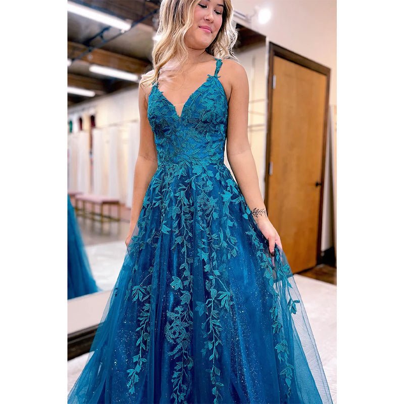 NumberSea - A Line V - neck Lace Appliques Long Prom Dress